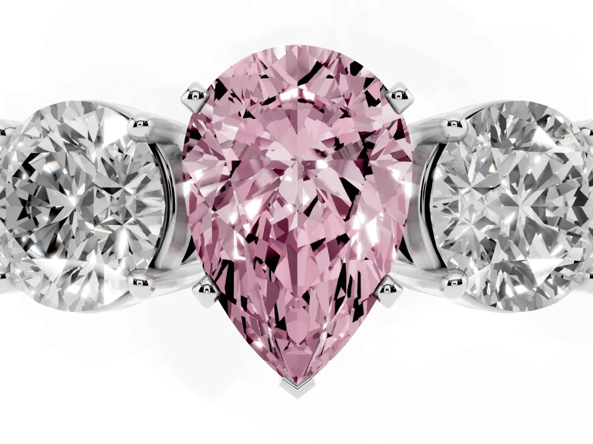 Fancy Pink Three-Stone Pear Cut Diamond Ring with Round Side Stones, Classic Band, and Four-Prong Setting Platinum