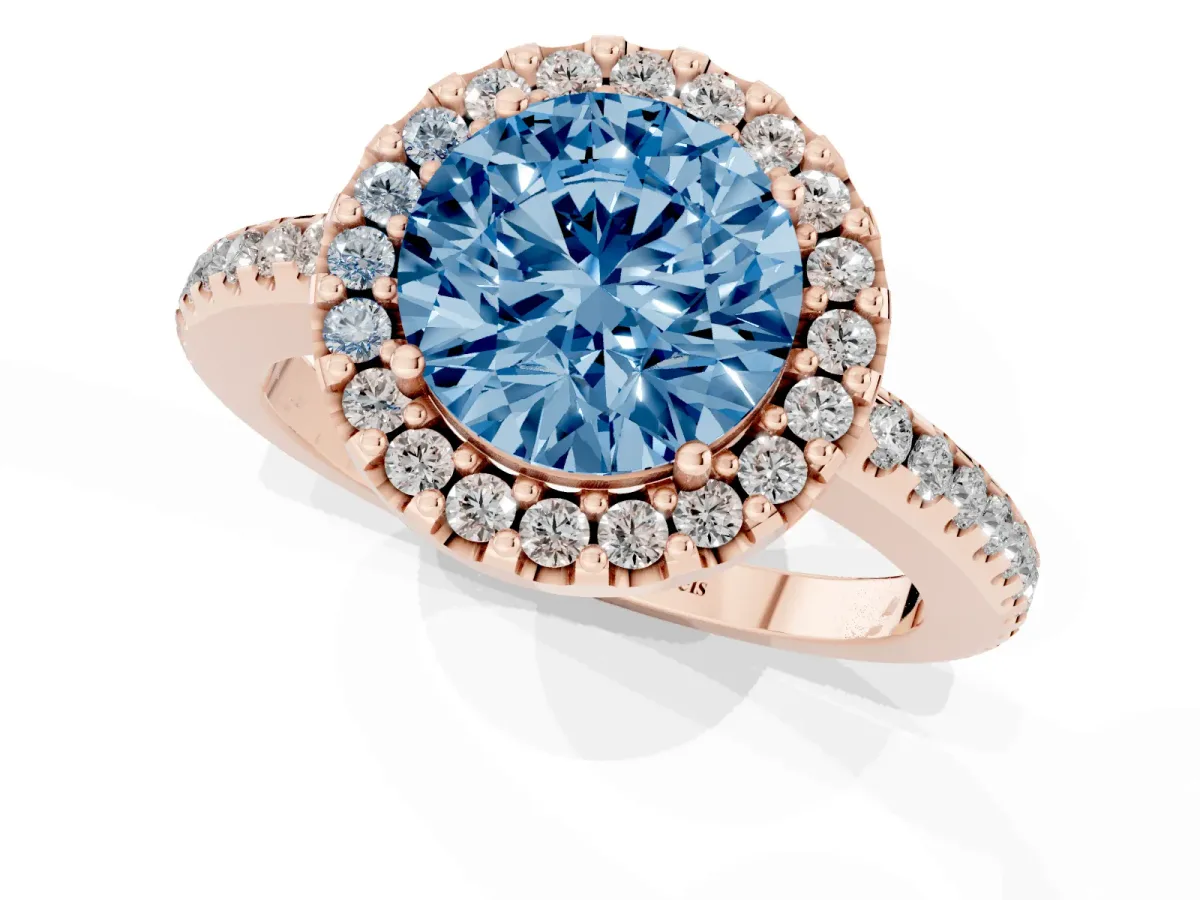Fancy Blue Round Cut Diamond Pavé Halo Ring with Four-Prong Setting Rose gold