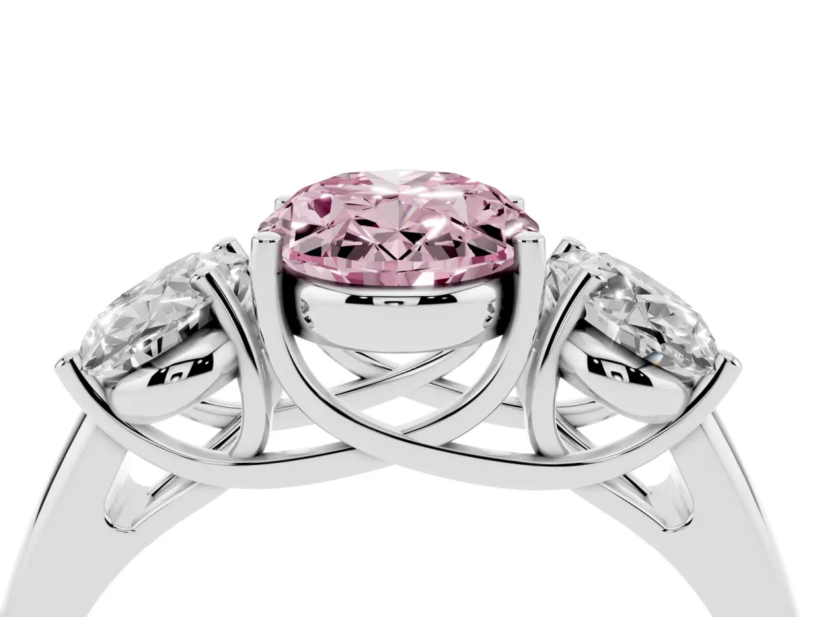 Fancy Pink Three-Stone Oval Cut Diamond Engagement Ring with Prong Setting White gold