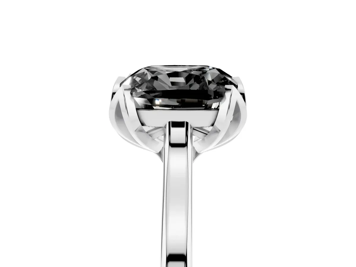 Fancy Black Cushion Cut Diamond Solitaire Ring with Flower Prong Setting and Classic Band Silver