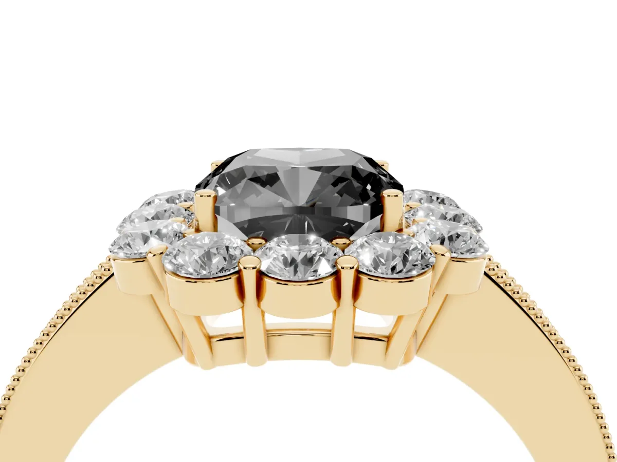 Fancy Black Cushion Cut Cut Halo Diamond Pavé Engagement Ring with Milgrain Detailing Yellow gold
