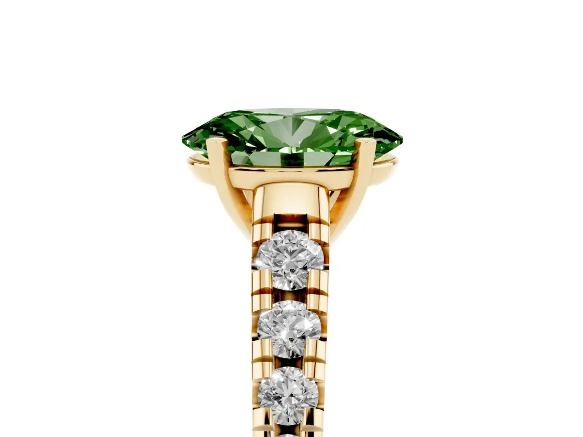 Fancy Green Oval Cut Diamond Cathedral Solitaire Ring with Round Pavé Band Yellow gold