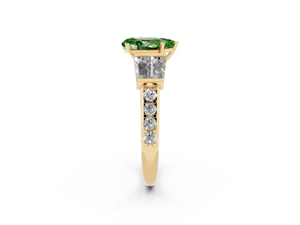 Fancy Green Pear Cut Diamond Engagement Ring with Baguette Side Stones and Channel Set Band Yellow gold