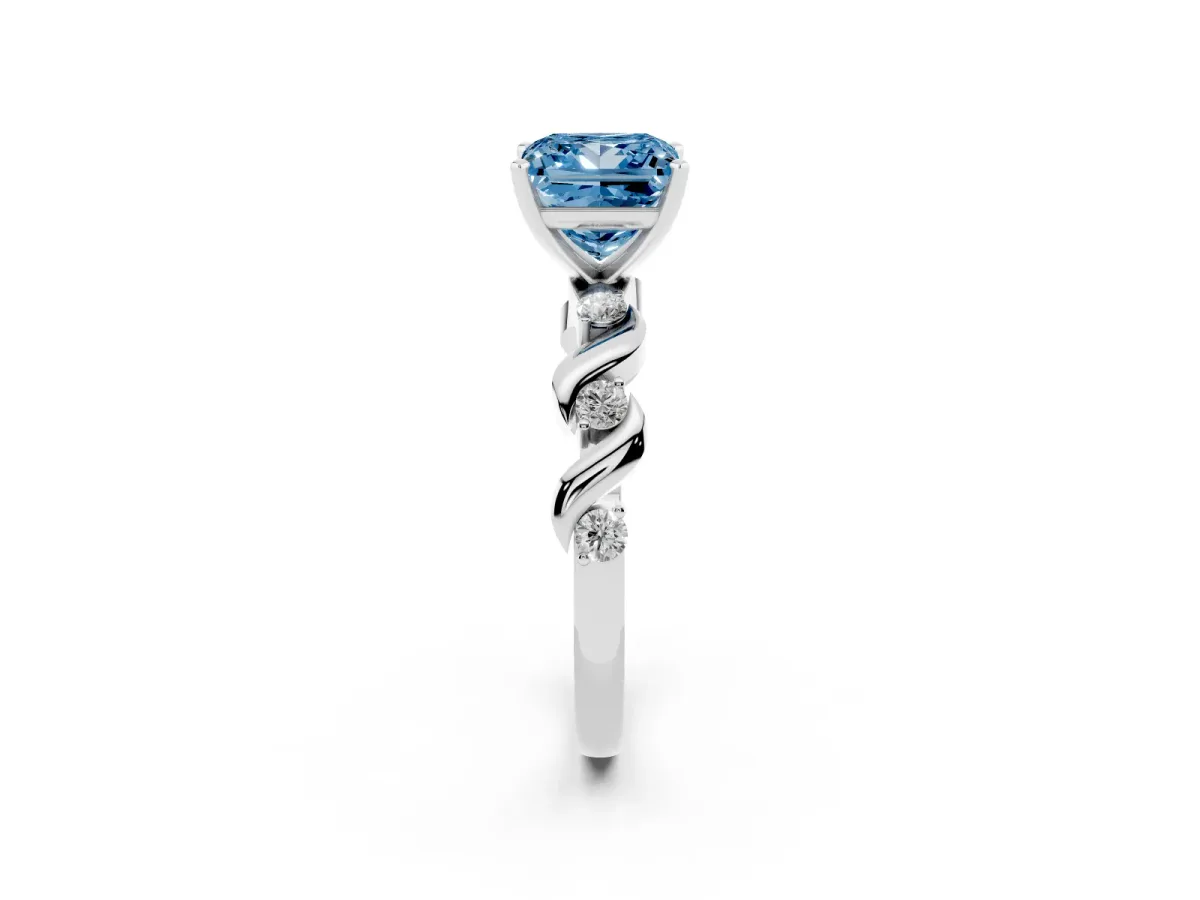 Fancy Blue Princess Cut Diamond Solitaire Twisted Band with Round Accents and Prong Setting White gold