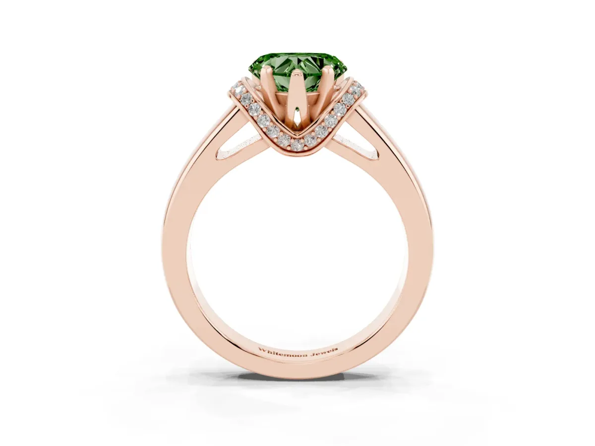 Fancy Green Heart Cut Solitaire Diamond Ring with Pave Band and Six-Prong Setting Rose gold