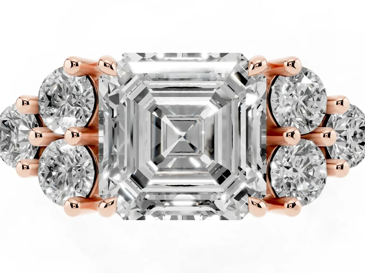 Asscher Cut Brilliant Diamond Cluster Accent Solitaire Ring with Prong Setting Rose gold