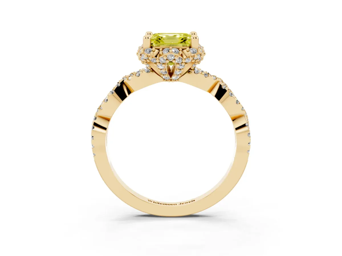 Fancy Yellow Asscher Cut Halo Twist Band Solitaire Ring with Six-Prong Setting Yellow gold