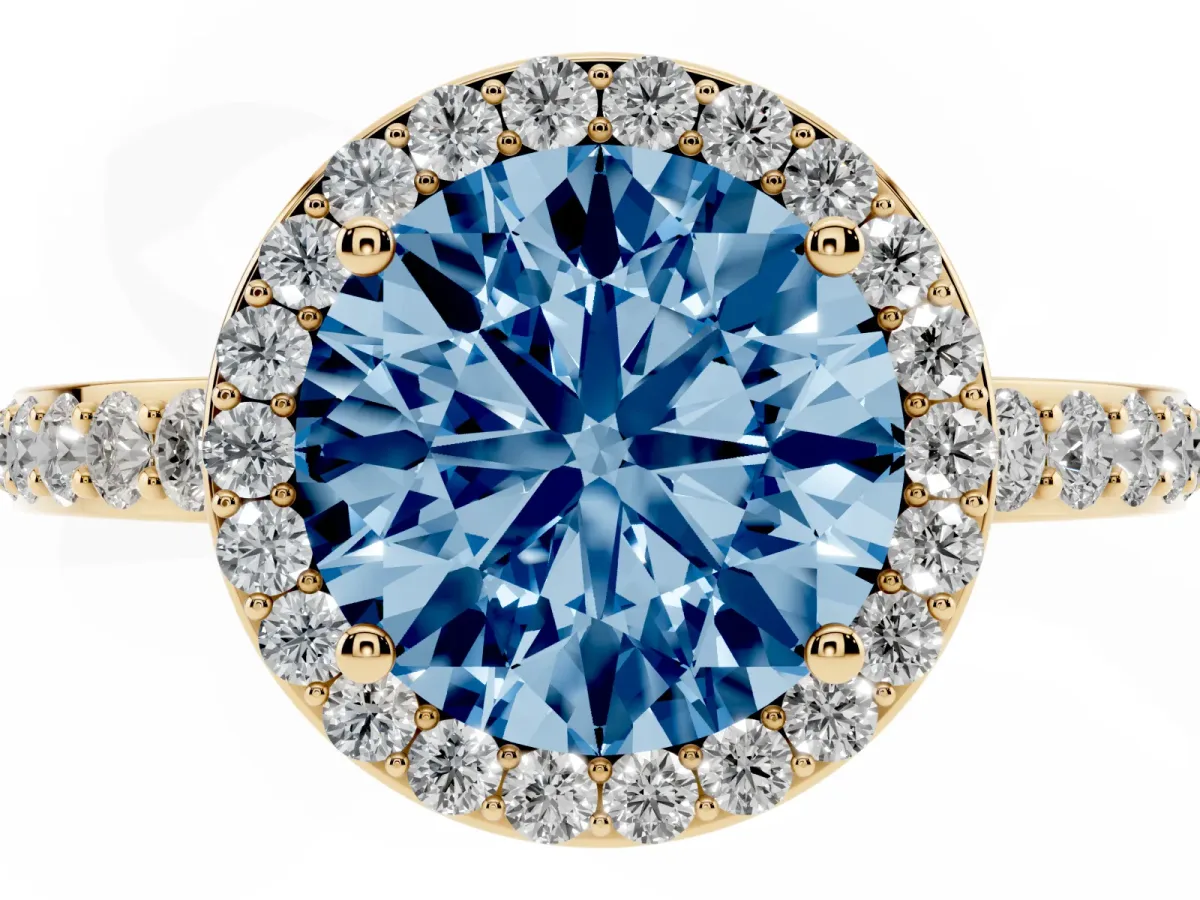 Fancy Blue Round Cut Halo Diamond Pavé Band Ring with Prong Setting Yellow gold