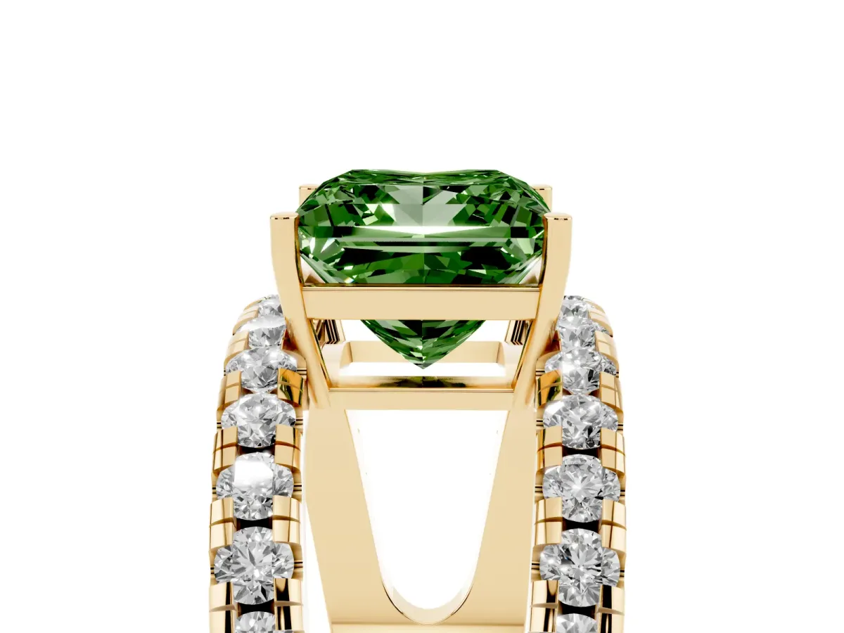 Fancy Green Princess Cut Solitaire Split Shank Pave Diamond Ring Yellow gold