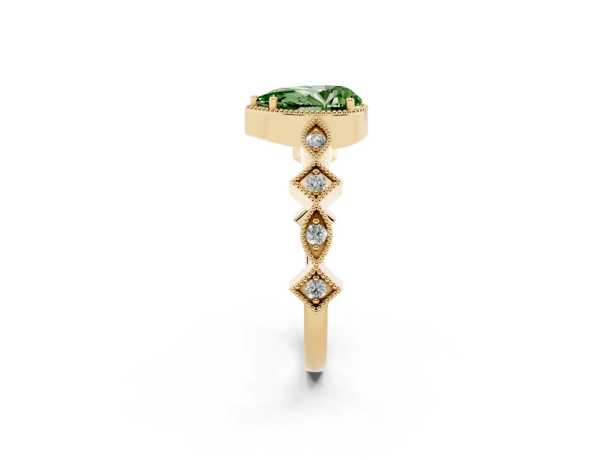 Fancy Green Pear Cut Milgrain Marquise Diamond Twist Band Ring Yellow gold