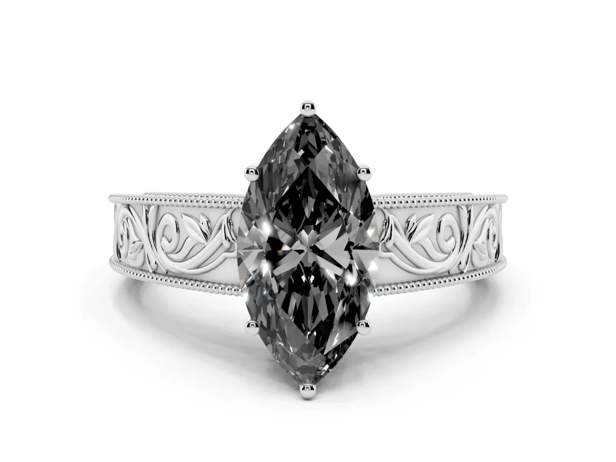 Fancy Black Marquise Cut Diamond Solitaire Ring with Engraved Band and Four-Prong Setting Silver