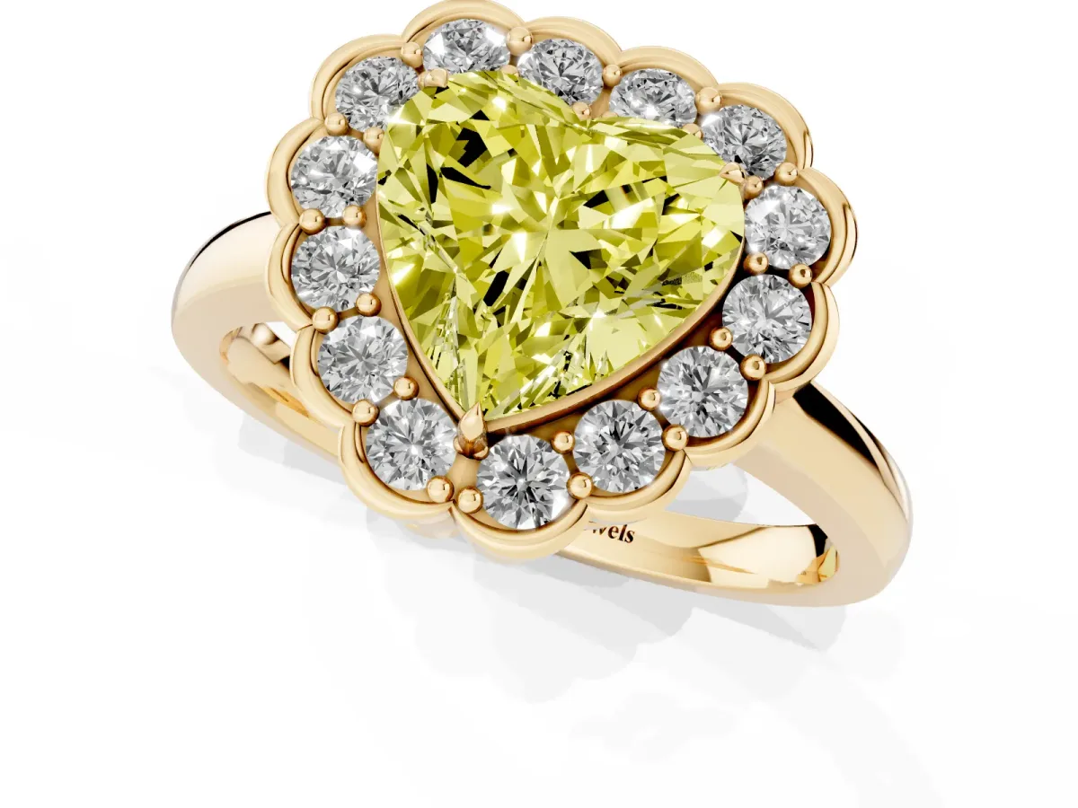 Fancy Yellow Heart Cut Halo Cluster Diamond Engagement Ring with Solitaire Band and Prong Setting Yellow gold