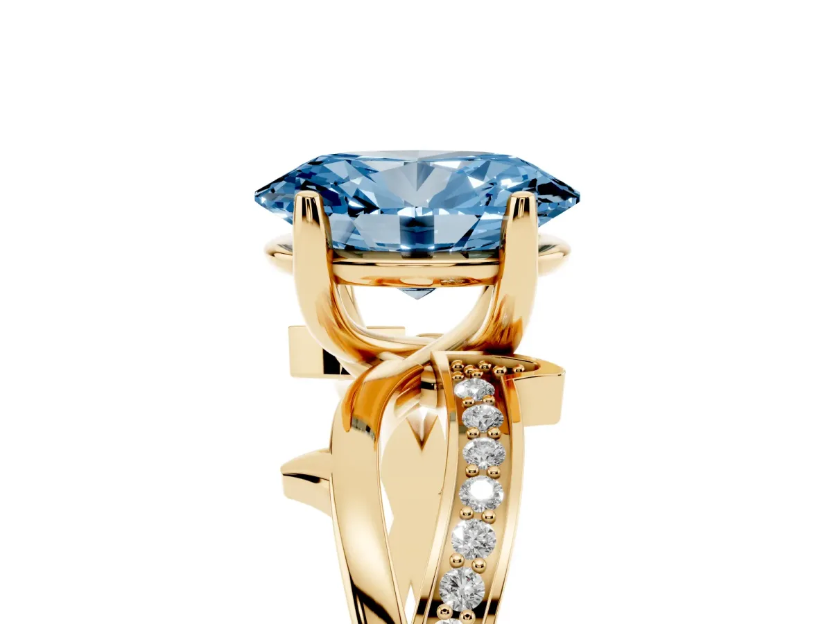Fancy Blue Oval Cut Solitaire Twist Band with Pavé Accents and Four-Prong Setting Yellow gold