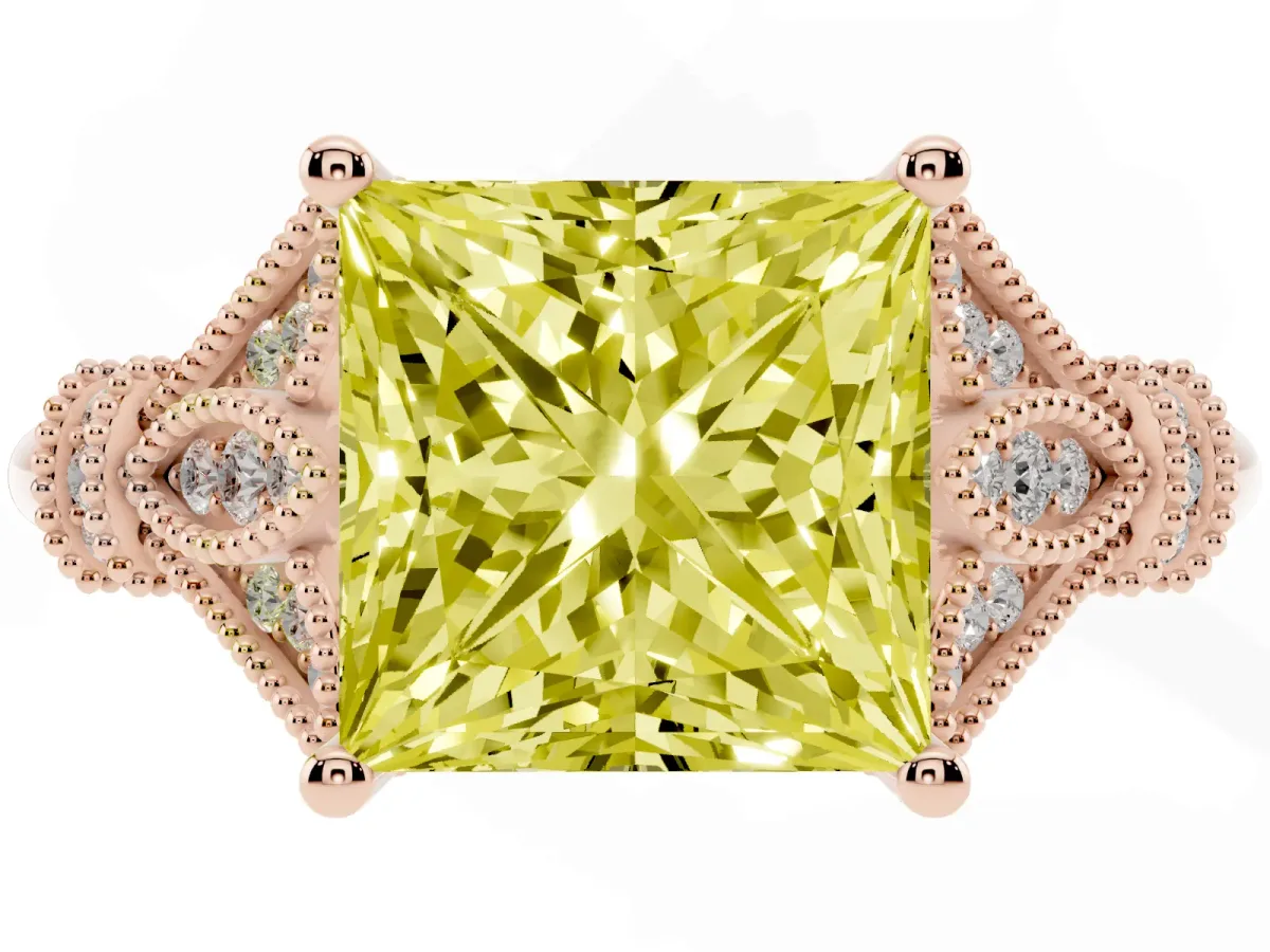 Fancy Yellow Princess Cut Diamond Solitaire Ring with Floral Filigree and Pave Accents Rose gold