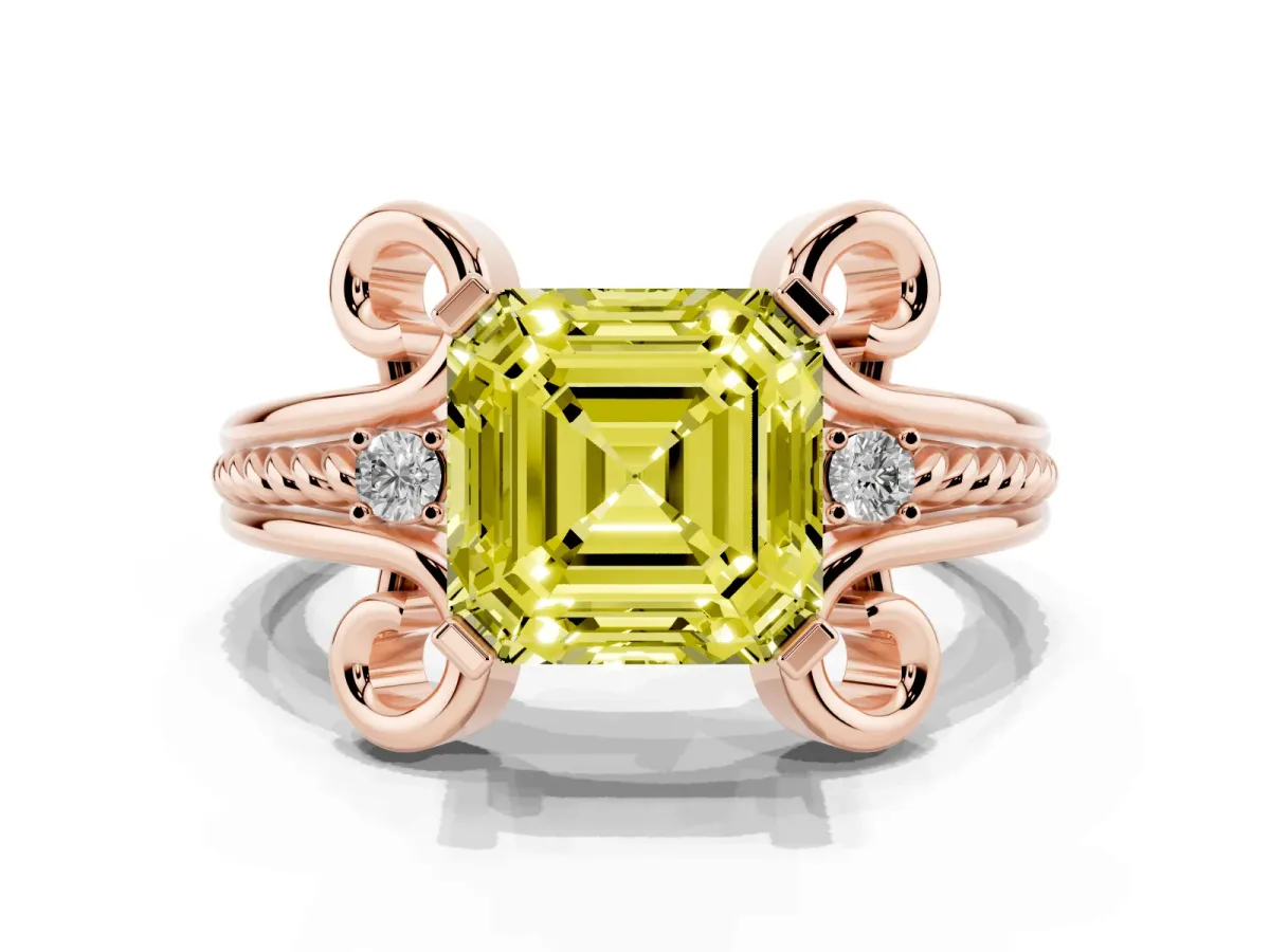 Fancy Yellow Asscher Cut Solitaire Twisted Band Scroll Prong Ring Rose gold