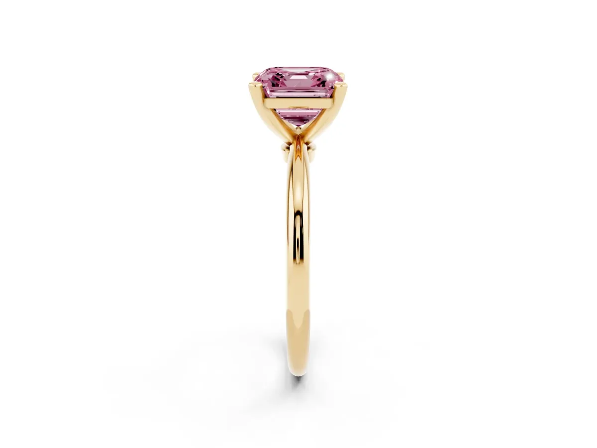 Fancy Pink Asscher Cut Diamond Solitaire Ring with Prong Setting and Classic Band Yellow gold