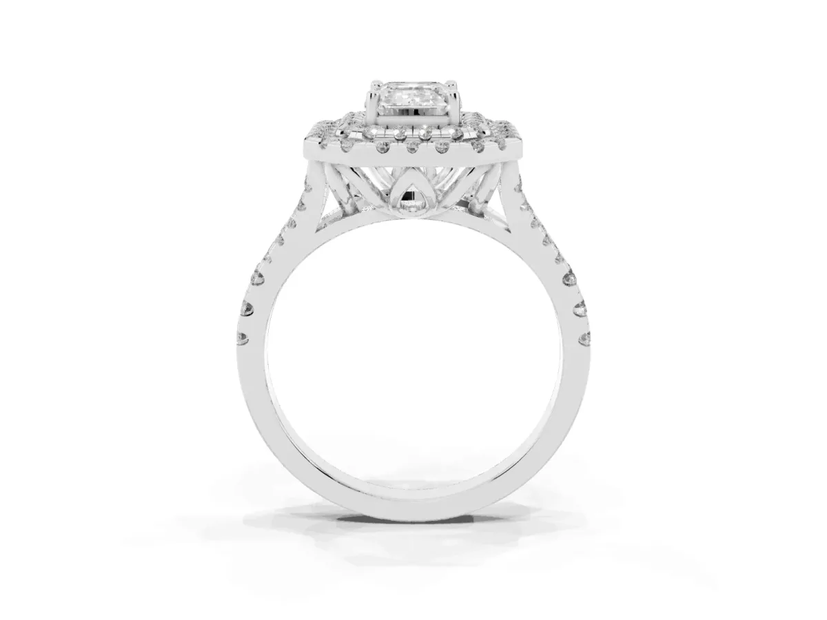 Double Halo Emerald Cut Diamond Pavé Split Shank Ring with Prong Setting White gold