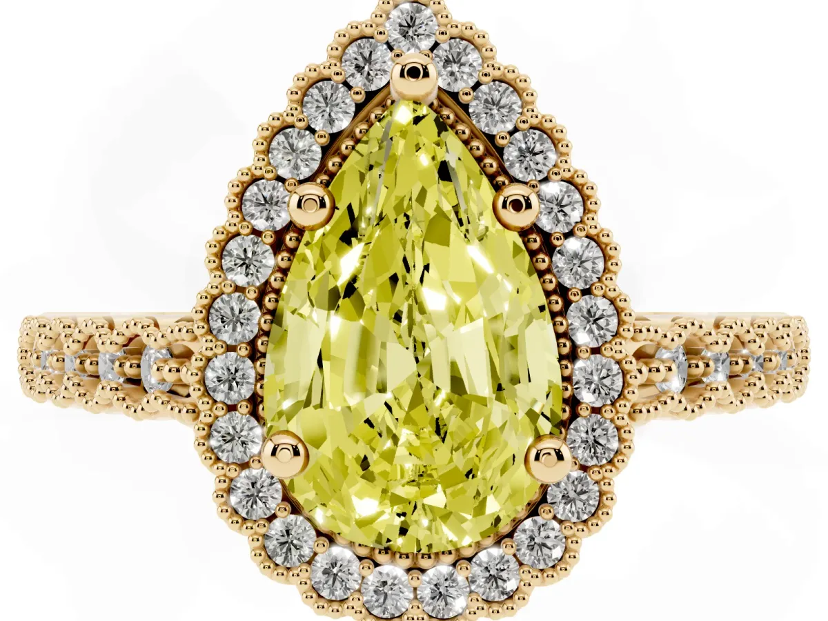 Fancy Yellow Pear Cut Cut Halo Pavé Solitaire Ring with Milgrain Band Yellow gold