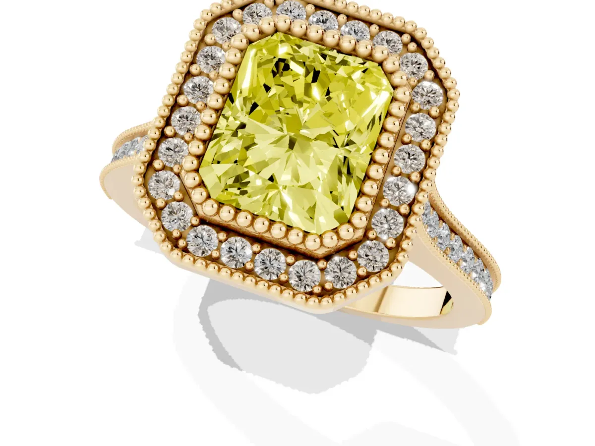 Fancy Yellow Radiant Cut Diamond Halo Ring with Milgrain Frame and Pavé Band Yellow gold