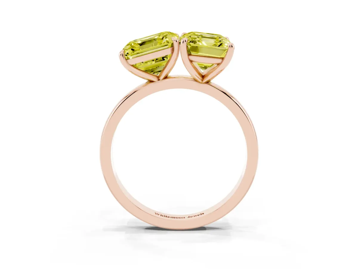 Fancy Yellow Asscher Cut and Emerald Cut Toi Moi Ring with Prong Setting Rose gold