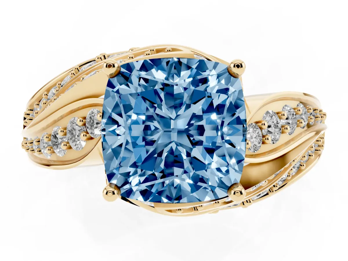 Fancy Blue Cushion Cut Diamond Solitaire Ring with Prong Setting and Twisted Pavé Band Yellow gold