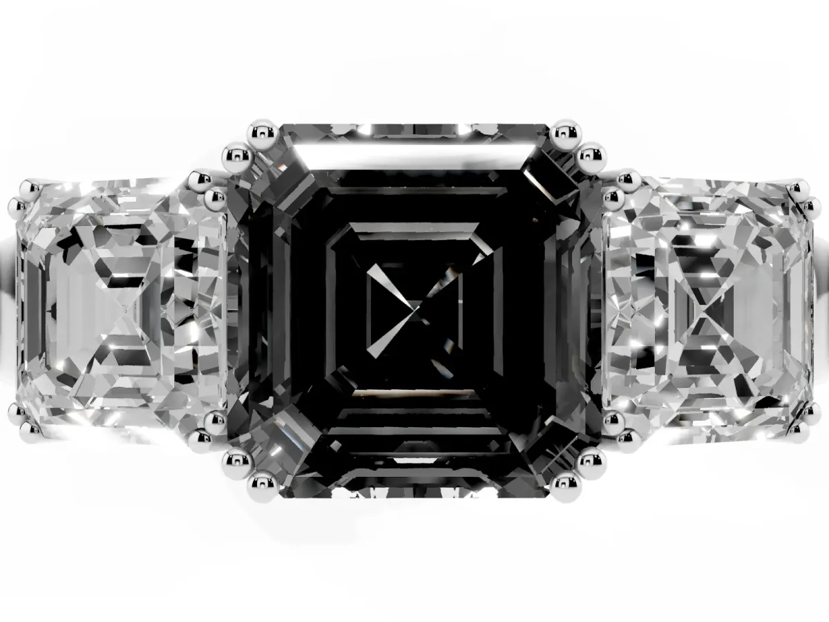Fancy Black Three-Stone Asscher Cut Cut Diamond Ring with Channel Set Band and Four-Prong Setting Platinum