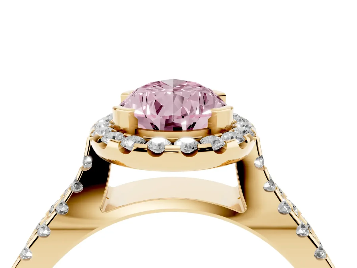 Fancy Pink Pear Cut Diamond Halo Ring with Split Shank Pavé Band and Prong Setting Yellow gold