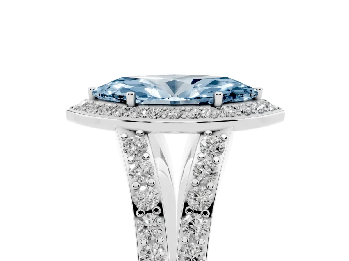 Fancy Blue Marquise Cut Diamond Split Shank Halo Ring with Four-Prong Setting Silver