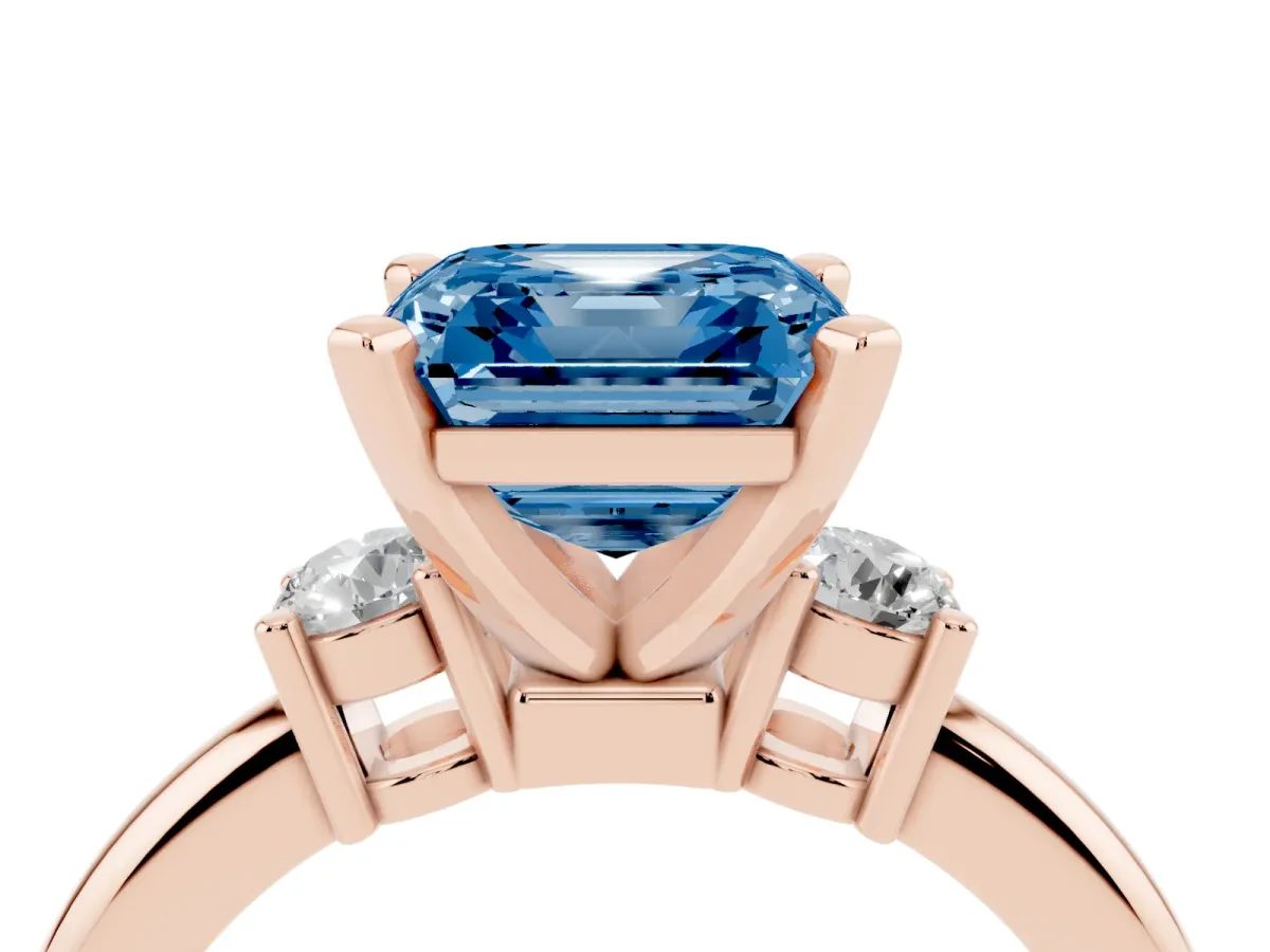Fancy Blue Three-Stone Asscher Cut Cut Diamond Solitaire with Prong Setting and Classic Band Rose gold