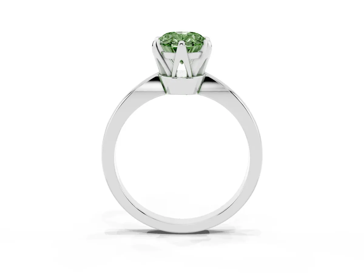Fancy Green Oval Cut Solitaire Engagement Ring with Six-Prong Setting and Tapered Band Platinum