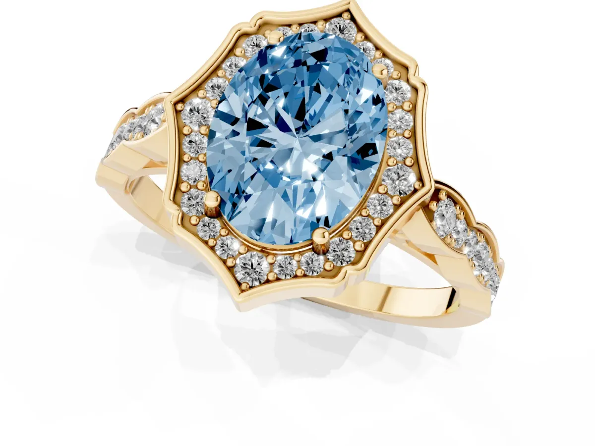 Fancy Blue Oval Cut Halo Diamond Engagement Ring with Milgrain Band and Four-Prong Setting Yellow gold