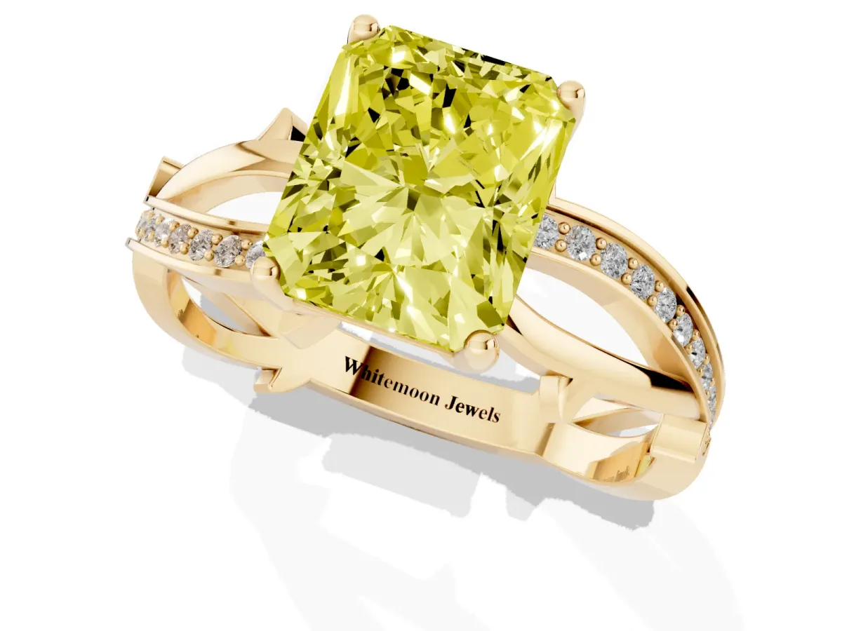 Fancy Yellow Radiant Cut Solitaire Twist Band with Pavé Accents and Four-Prong Setting Yellow gold