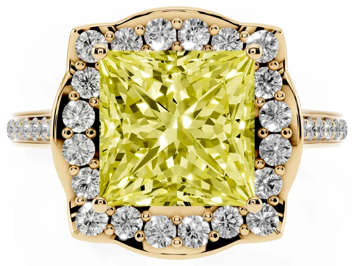 Fancy Yellow Princess Cut Halo Round Diamond Pave Band with Four-Prong Setting Yellow gold