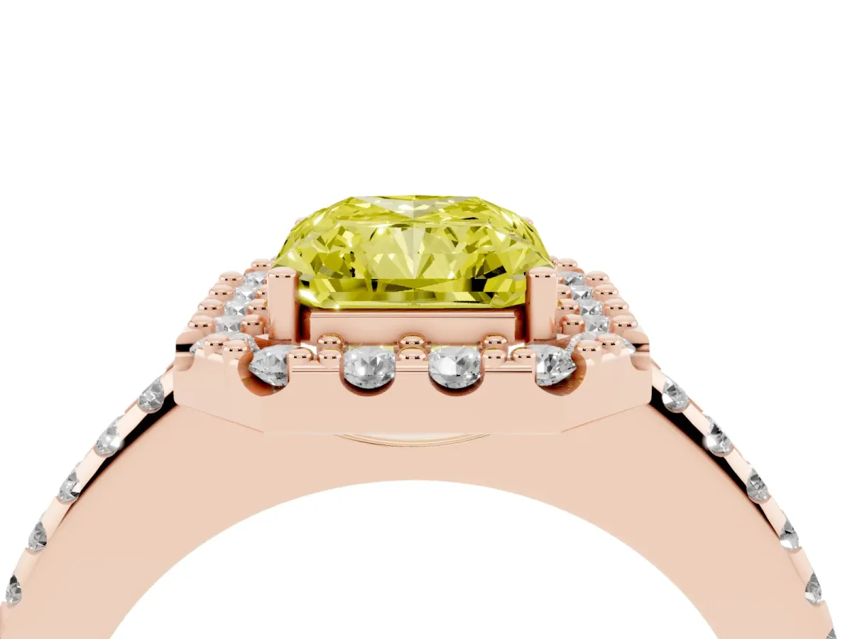 Fancy Yellow Radiant Cut Diamond Pavé Halo Ring with Four-Prong Setting Rose gold