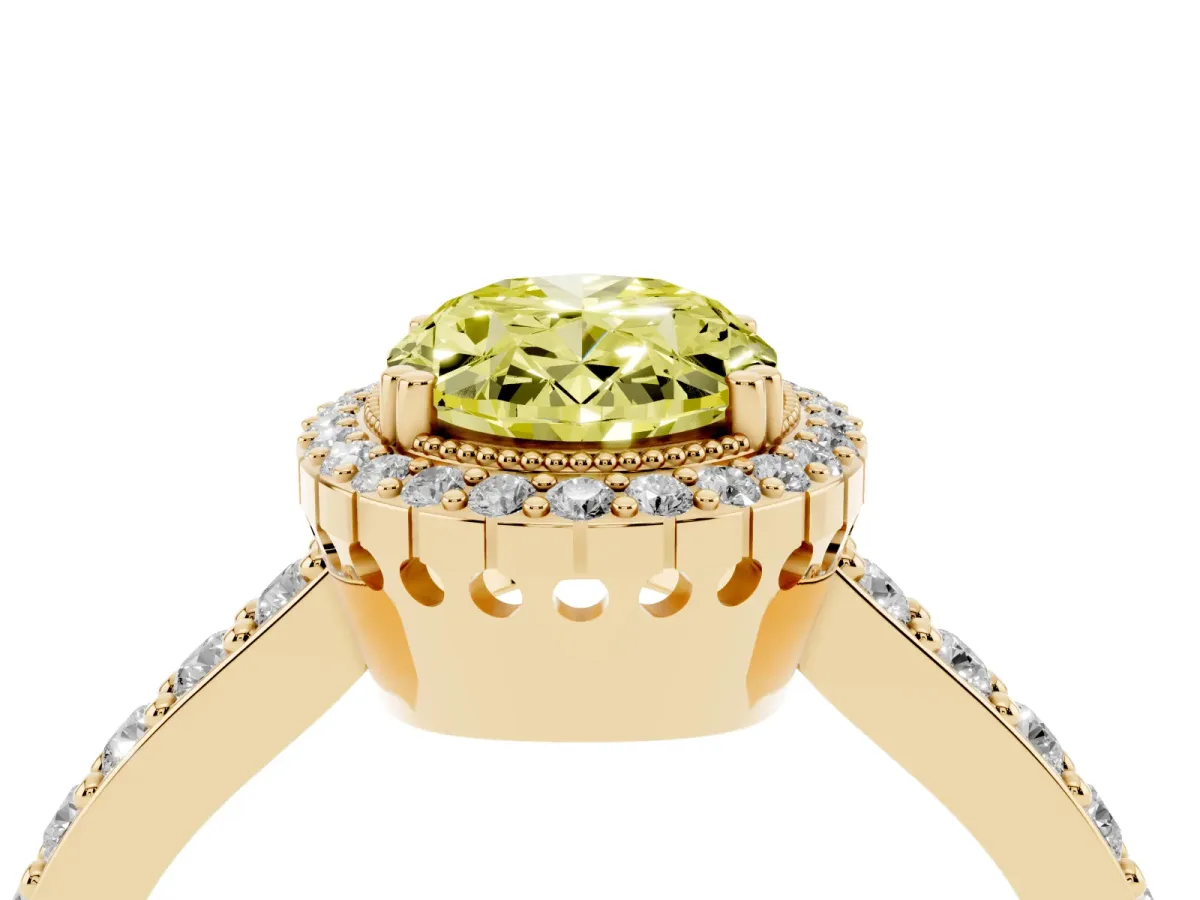 Fancy Yellow Oval Cut Cut Diamond Halo Engagement Ring with Milgrain Detail and Pavé Band Yellow gold