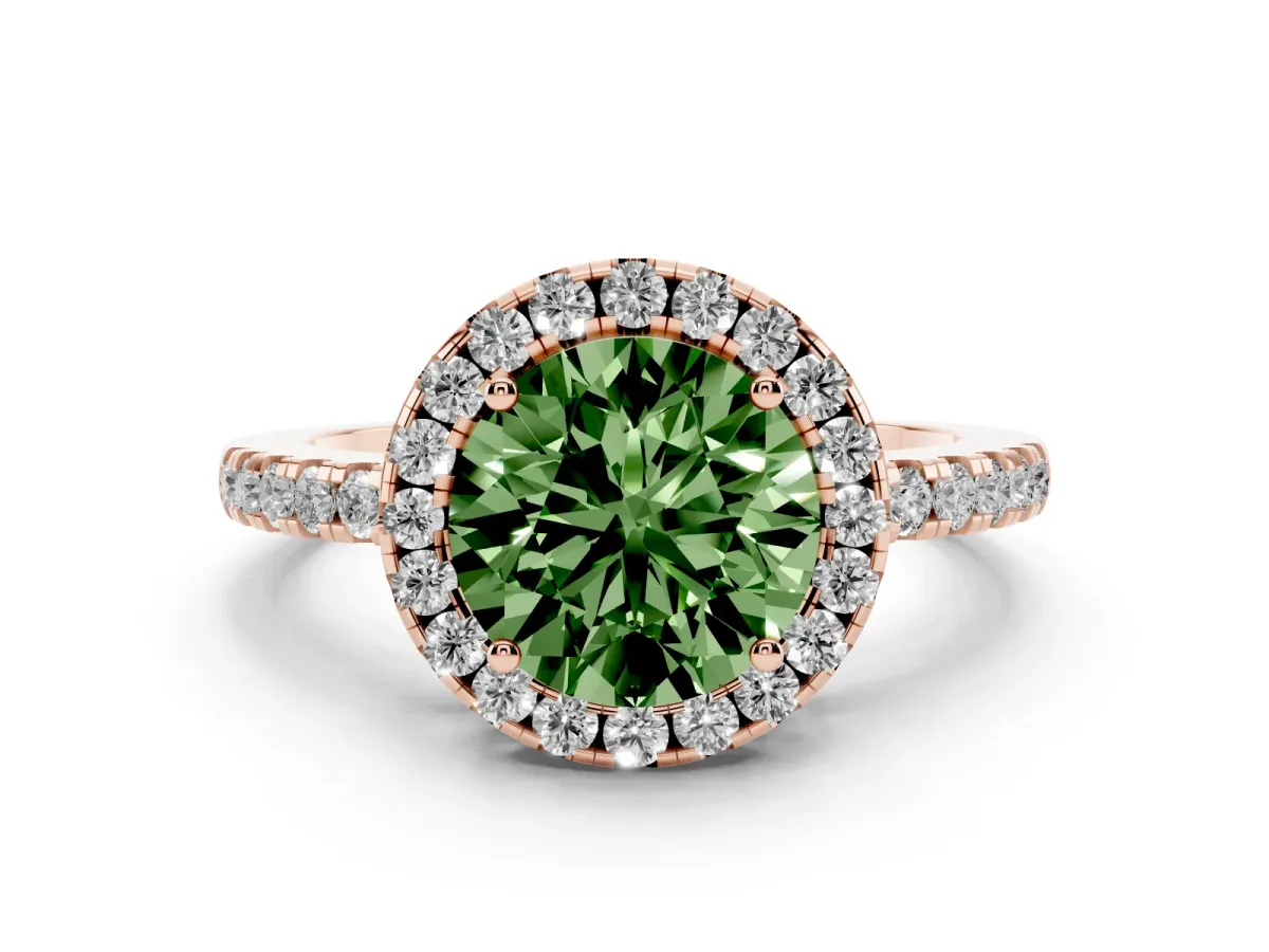 Fancy Green Round Cut Halo Diamond Engagement Ring with Pavé Band and Four-Prong Setting Rose gold