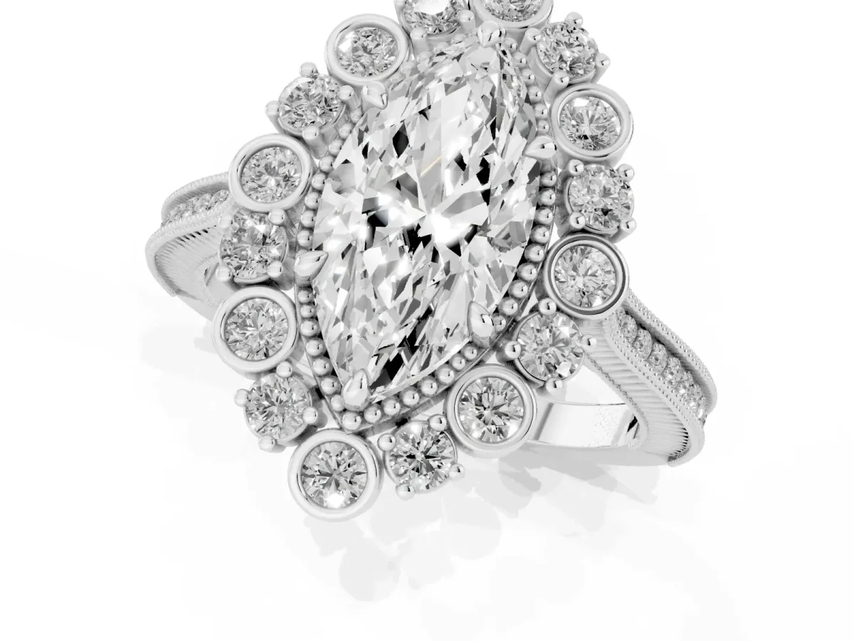 Marquise Cut Halo Milgrain Pave Diamond Ring with Four-Prong Setting Silver