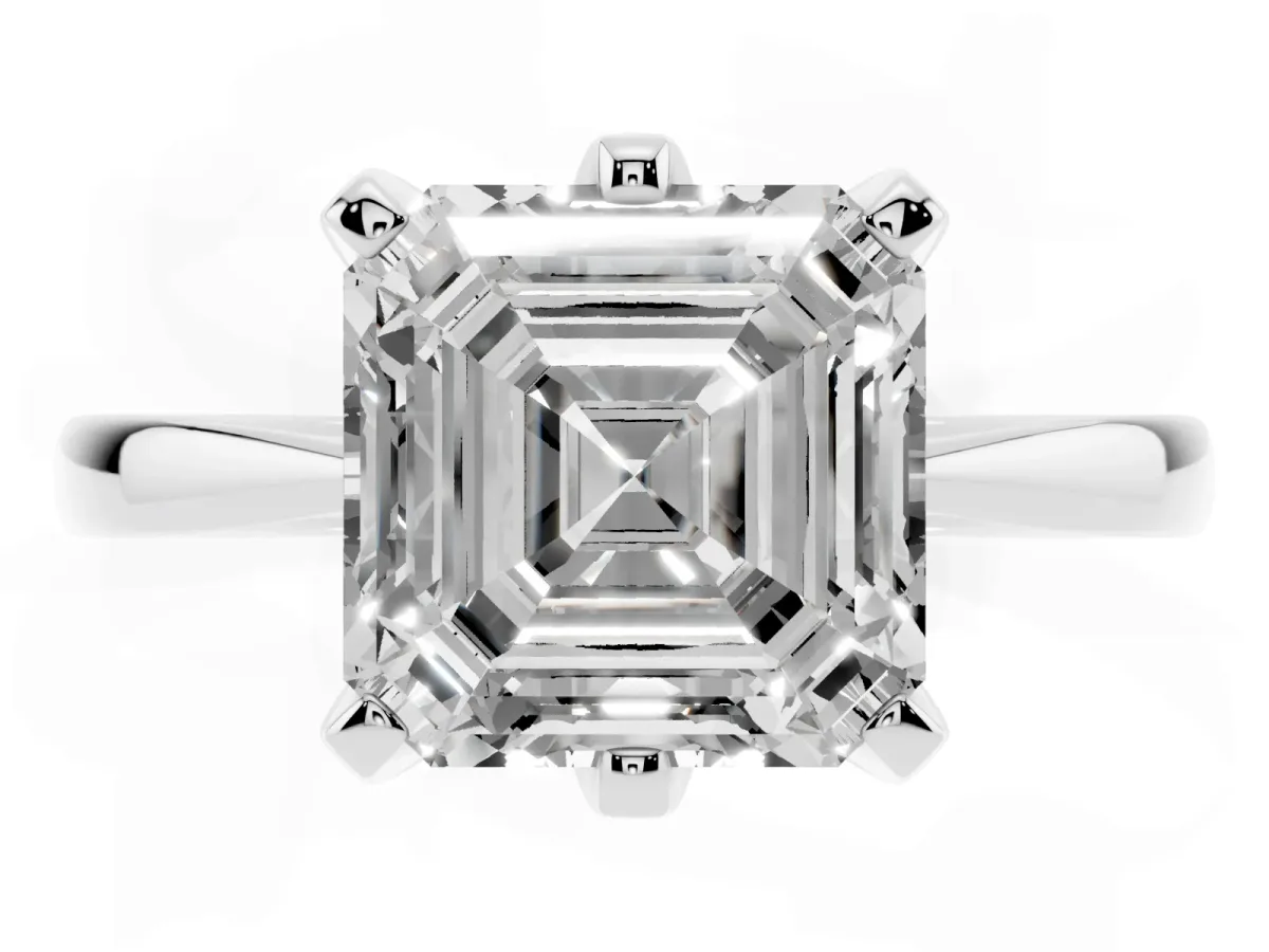 Asscher Cut Solitaire Engagement Ring with Six-Prong Setting and Tapered Band Platinum