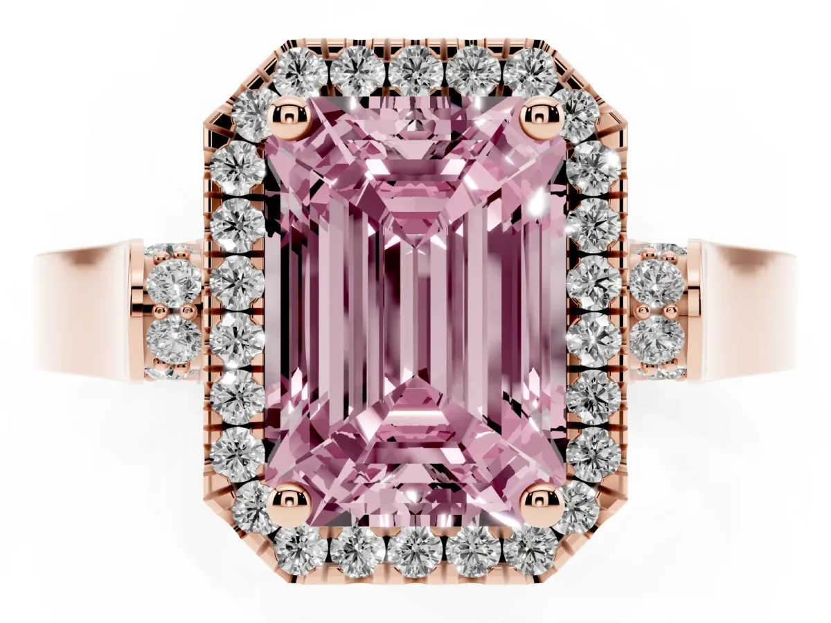 Fancy Pink Emerald Cut Halo Pave Split Shank Prong Setting Ring Rose gold