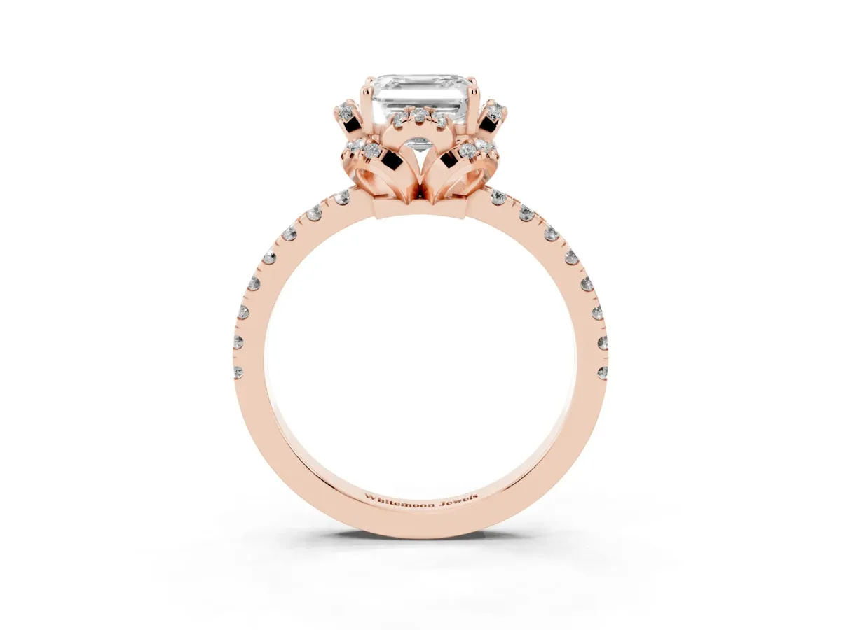 Asscher Cut Diamond Halo Pave Band with Four-Prong Setting Rose gold