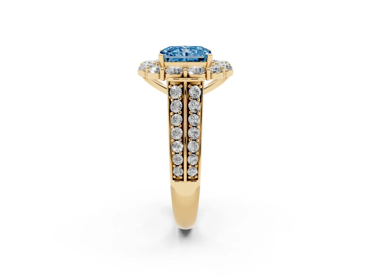 Fancy Blue Radiant Cut Halo Diamond Engagement Ring with Split Shank and Prong Setting Yellow gold