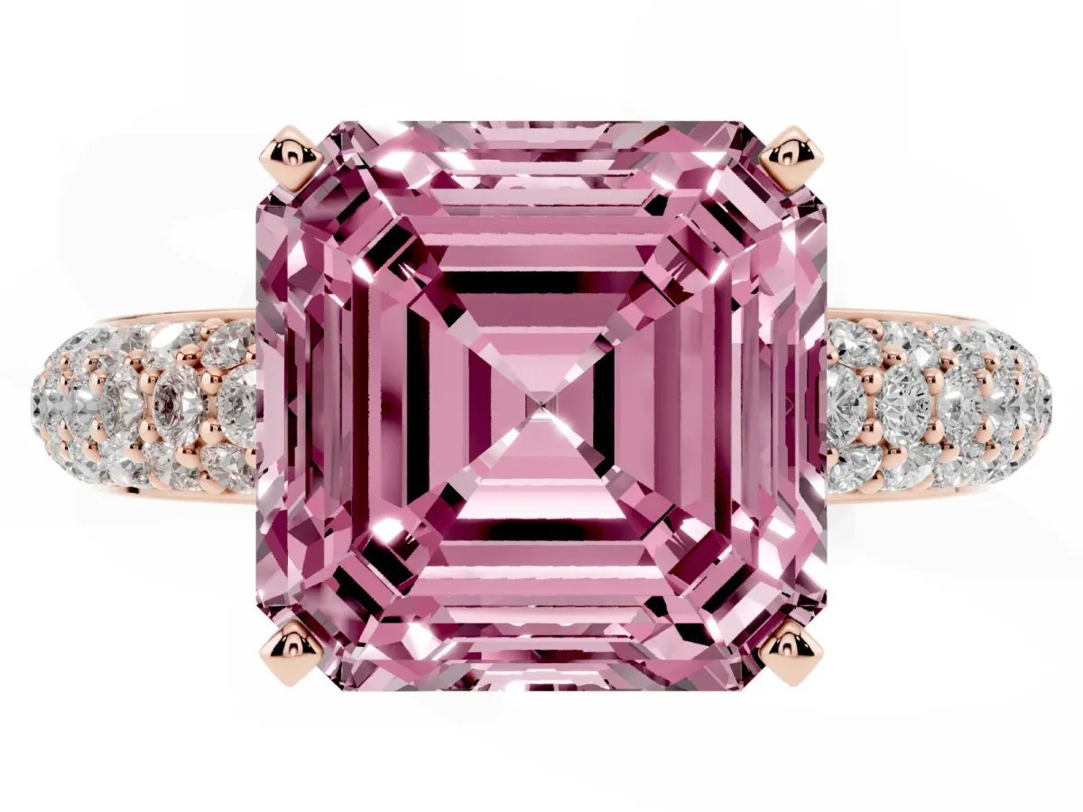 Fancy Pink Asscher Cut Diamond Solitaire Ring with Prong Setting and Pavé Band Rose gold