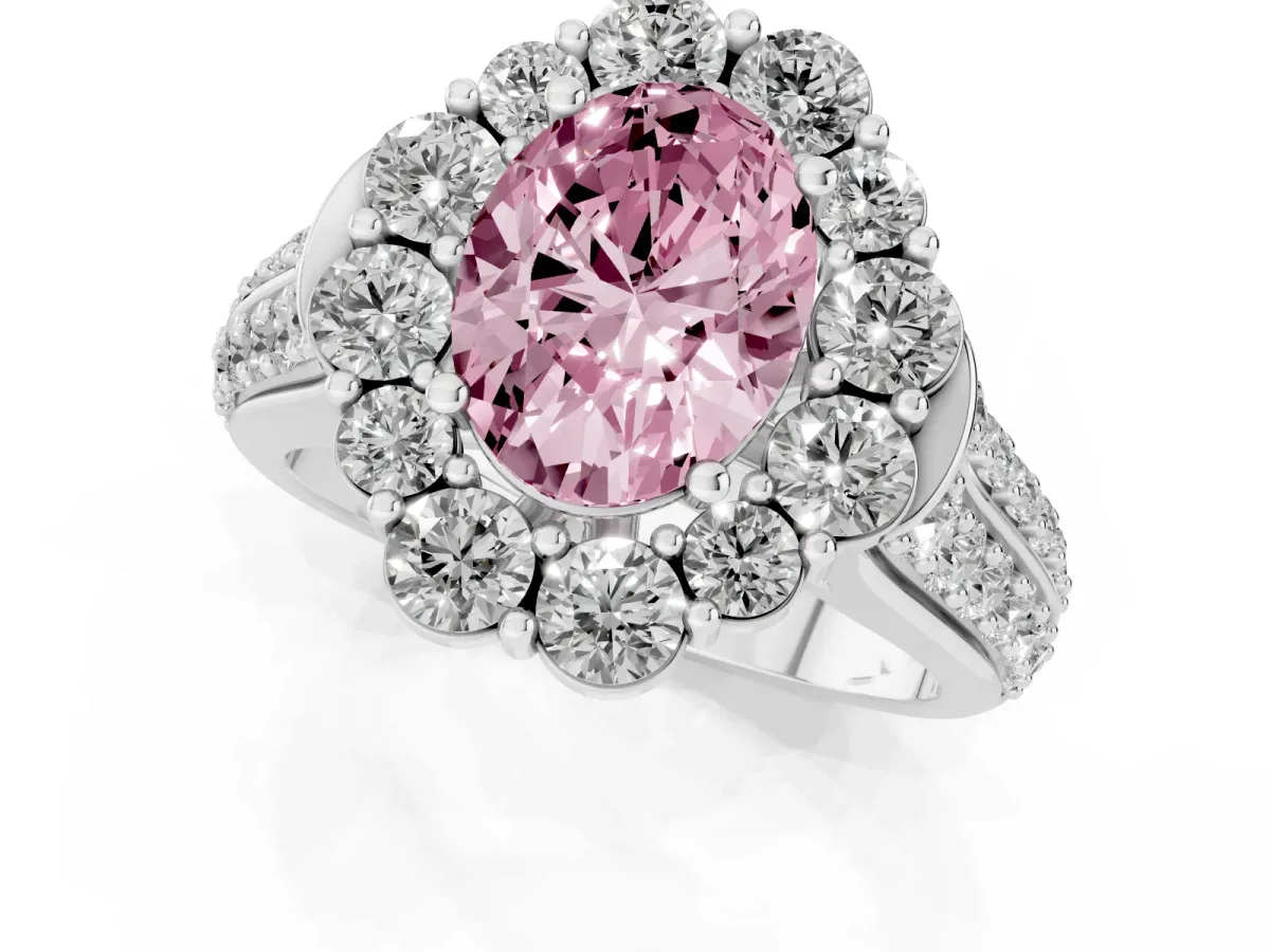 Fancy Pink Oval Cut Halo Diamond Engagement Ring with Split Shank and Prong Setting Silver