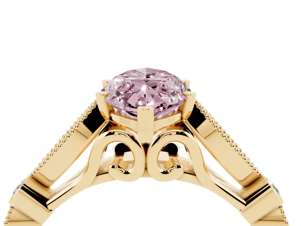 Fancy Pink Marquise Cut Cut Diamond with Milgrain Marquise and Bezel Accents on a Solitaire Band with Prong Setting Yellow gold