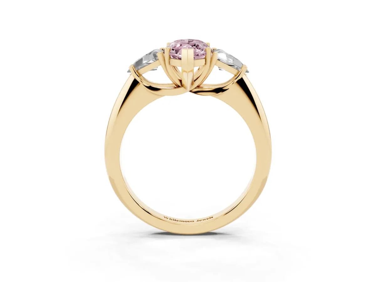 Fancy Pink Three-Stone Marquise Cut Diamond Engagement Ring with Trillion Side Stones and Prong Setting Yellow gold