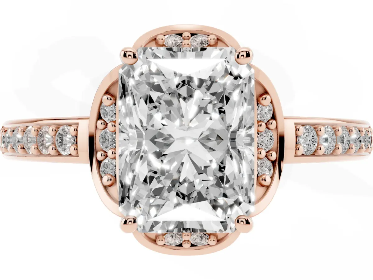 Radiant Cut Cut Halo Diamond Ring with Channel Set Band and Four-Prong Setting Rose gold