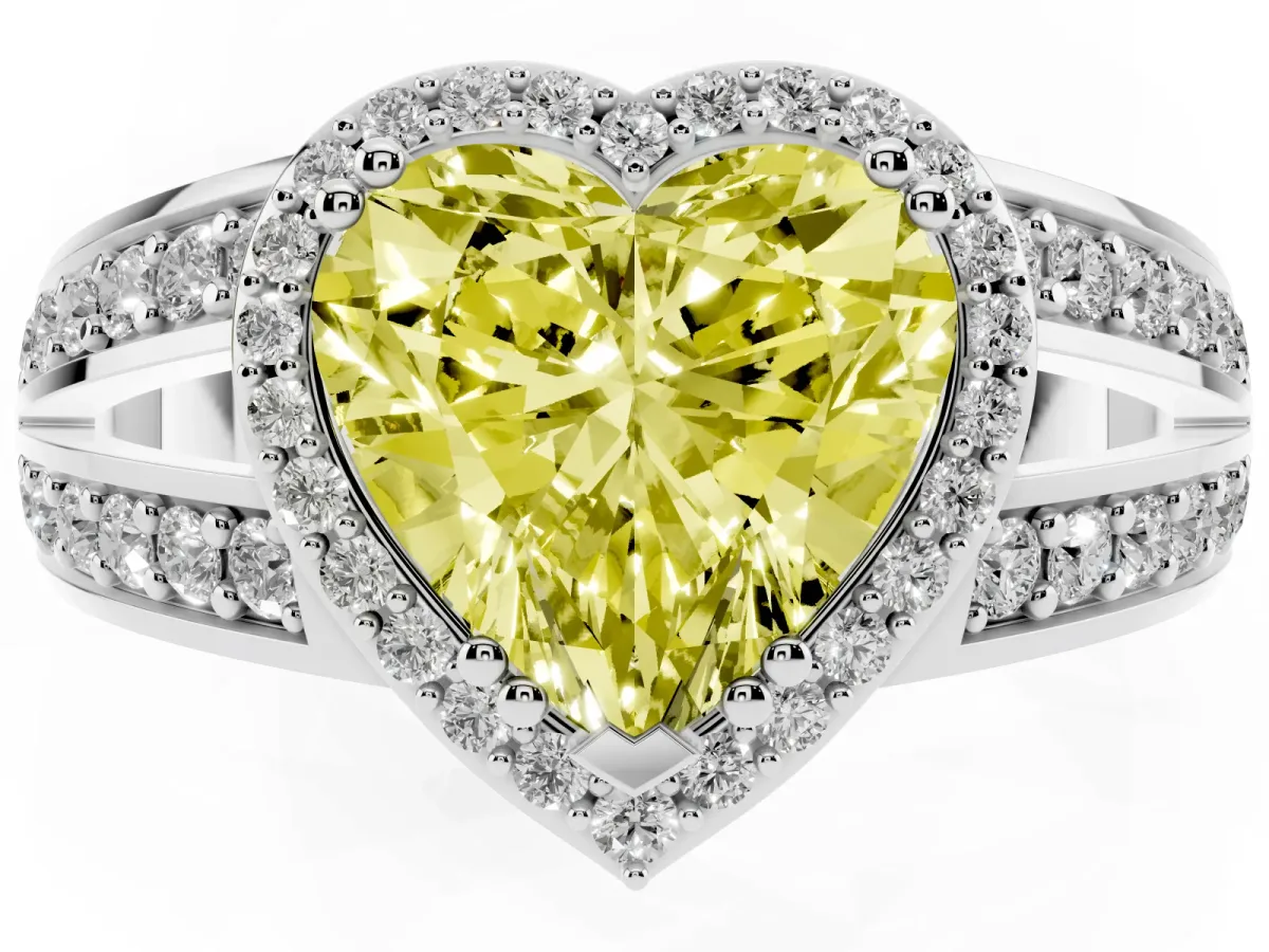 Fancy Yellow Heart Cut Diamond Halo Ring with Split Shank Pavé Band and Four-Prong Setting Platinum