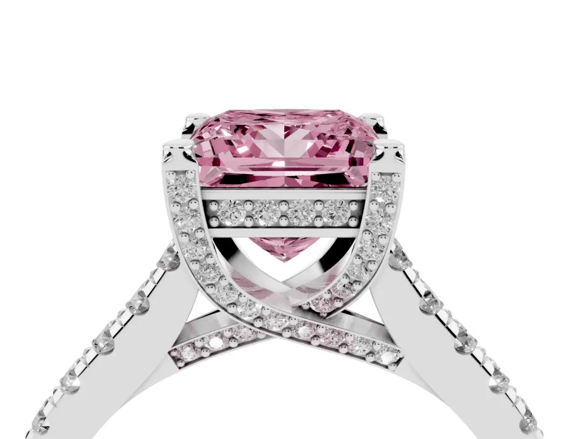Fancy Pink Princess Cut Brilliant Diamond Solitaire with Pavé Band and Four-Prong Setting Silver