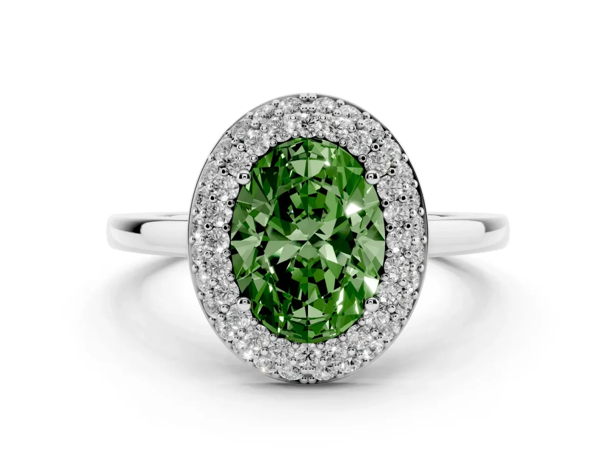Fancy Green Oval Cut Halo Diamond Engagement Ring with Solitaire Band and Four-Prong Setting Platinum
