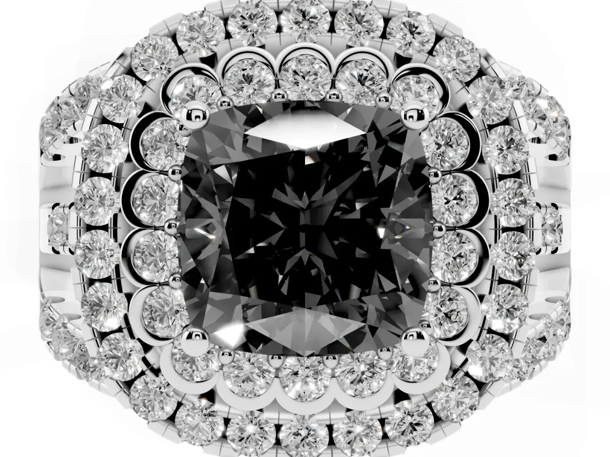 Fancy Black Cushion Cut Diamond Double Halo Ring with Round Pavé Split Shank and Prong Setting Silver